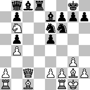 Wit: Kg1, Dc2, Ta1, Tf1, Lc1, Lg2, Pb6, pi a2, b4, e2, f2, g3, h2; Zwart: Kg8, Db8, Td8, Lc8, Le7, Pe6, Pf6, pi b5, b7, e5, f7, g7, h7