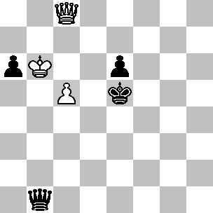 Wit: Kb6, Dc8, pi c5; Zwart: Ke5, Db1, pi a6, e6
