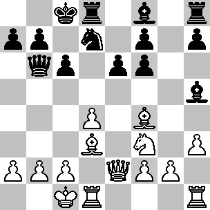 Wit: Kc1, De2, Td1, Th1, Ld3, Lf4, Pf3, pi a2, b2, c2, d4, f2, g2, h3; Zwart: Kc8, Db6, Td8, Th8, Lf8, Lh5, Pd7, pi a7, b7, c6, e6, f6, f7, h7
