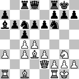 Wit: Kg1, De2, Ta1, Tf1, Lc1, Ld3, Pg3, pi a3, c3, c4, d4, e3, f2, g2, h2; Zwart: Kg8, Dd8, Tc8, Tf8, La6, Pf6, Pc6, pi a7, b6, c5, d6, e6, f7, g7, h7