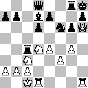 Wit: Kc1, Dh6, Td1, Th1, Pc3, Pd4, pi a2, b2, c2, e4, f3, g4; Zwart: Kh8, Dd8, Tc4, Tg8, Ld7, Pf6, pi a7, b7, d6, e7, g6, h7