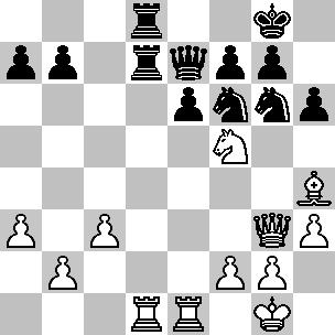 Wit: Kg1, Dg3, Td1, Te1, Lh4, Pf5, pi a3, b2, c3, f2, g2, h3; Zwart: Kg8, De7, Td7, Td8, Pf6, Pg6, pi a7, b7, e6, f7, g7, h6