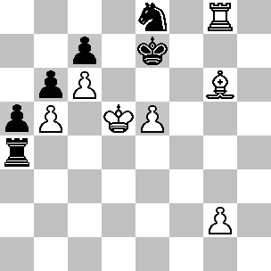 Wit: Kd5, Tg8, Lg6, pi b5, c6, e5, g2; Zwart: Ke7, Ta4, Pe8, pi a5, b6, c7
