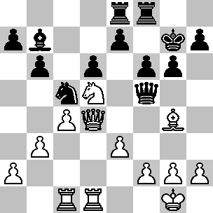 Wit: Kg1, Dd4, Tc1, Td1, Lg4, Pd5, pi a2, b3, c4, e3, f2, g2, h2; Zwart: Kg7, Df5, Te8, Tf8, Lb7, Pc5, pi a7, b6, d6, e7, f6, g6, h7