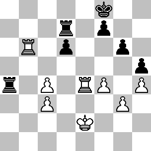 Wit: Ke2, Tb6, Te4, pi c3, c4, f4, g3, h4; Zwart: Kf8, Ta4, Td7, pi d6, f7, g6, h5
