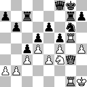 Wit: Kh1, Dg3, Tg1, Tg5, Pf3, pi a2, b2, c3, d4, e3, f4, h4; Zwart: Kg8, Df8, Tc7, Tg7, Pg6, pi a7, b6, c4, d5, e6, f5, h7