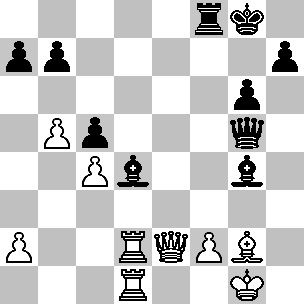 Wit: Kg1, De2, Td1, Td2, Lg2, pi a2, b5, c4, f2; Zwart: Kg8, Dg5, Tf8, Ld4, Lg4, pi a7, b7, c5, g6, h7
