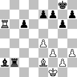 Wit: Kg1, Ta6, Le2, pi e4, f3, g2, h3; Zwart: Kg8, Tb2, La2, pi c6, e7, f7, g6, h7
