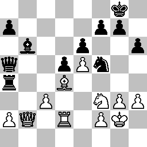 Wit: Kg2, Db2, Td2, Ld4, Pf3, pi a2, c3, e5, f2, g3, h3; Zwart: Kg8, Da5, Ta4, Lb6, Pf5, pi a7, d5, e6, f7, g7, h6