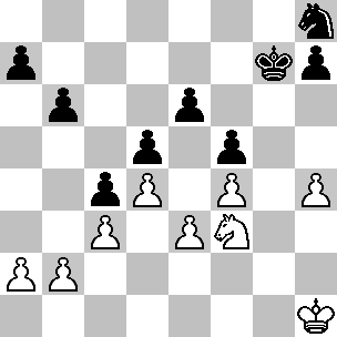 Wit: Kh1, Pf3, pi a2, b2, c3, d4, e3, f4, h4; Zwart: Kg8, Ph8, pi a7, b6, c4, d5, e6, f5, h7