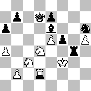 Wit: Kf3, Td2, Pc3, Pd4, pi a4, b2, e5, h5; Zwart: Kd7, Tg4, Le6, Ph6, pi a6, b7, e7, f5