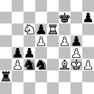 Wit: Kg3, Te6, Lf3, Pc6, pi b3, d5, f5, g4, h3; Zwart: Kf7, Ta2, Pc3, Pd3, pi b4, c4, d6, g5, h7
