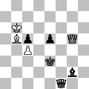 Wit: Kb6, Dg5, Lb5, pi c4; Zwart: Ke3, Df1, Lg2, pi c5, e5