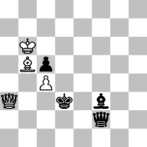 Wit: Kb6, Da3, Lb5, pi c4; Zwart: Kd3, Df2, Lf3, pi c5