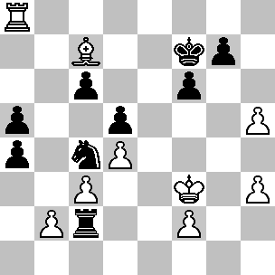 Wit: Kf3, Ta8, Lc7, pi b2, c3, d4, f2, h3, h5; Zwart: Kf7, Tc2, Pc4, pi a4, a5, c6, d5, f6, g7