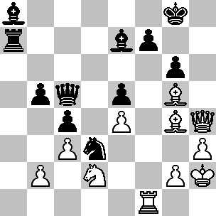Wit: Kh2, Dh4, Tf1, Lg4, Lg5, Pd2, pi b2, c3, e4, g2, h3; Zwart: Kh8, Dc5, Ta7, La8, Le7, Pd3, pi b5, c4, e5, f7, g6