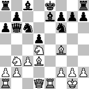 Wit: Kg1, Dd1, Ta1, Te1, Ld3, Lf4, Pb3, Pd4, pi a2, b2, c3, f2, g2, h2; Zwart: Ke8, Db6, Ta8, Th8, Lc8, Le7, Pc6, Pf6, pi a6, b7, d5, f7, g7, h7