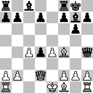 Wit: Ke1, Dd2, Ta1, Th1, Lf1, Lf4, pi a2, b2, c4, e4, f2, g2, h2; Zwart: Kg8, Dh4, Ta8, Tf8, Lc8, Lg7, pi a7, b7, d4, d7, f7, g6, h7