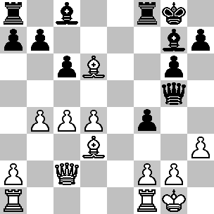 Wit: Kg1, Dc2, Ta1, Tf1, Ld3, Ld6, pi a2, b4, c4, d4, f2, g2, h3; Zwart: Kg8, Dg5, Ta8, Tf8, Lc8, Lg7, pi a7, b7, c6, f4, g6, h7