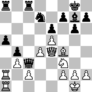 Wit: Kg1, De4, Ta1, Ta2, Lf4, Pf3, pi b3, c2, d4, e5, f2, g2, h2; Zwart: Kg8, Dc3, Ta8, Tc8, Lg7, Pd7, pi a5, b4, e6, f7, g6, h7