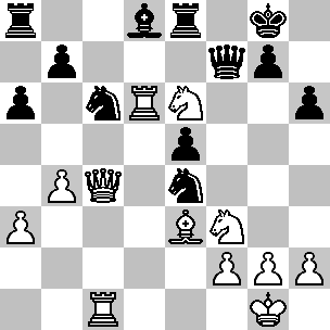 Wit: Kg1, Dc4, Tc1, Td6, Le3, Pe6, Pf3, pi a3, b4, f2, g2, h2; Zwart: Kg8, Df7, Ta8, Te8, Ld8, Pc6, Pe4, pi a6, b7, e5, g7, h6