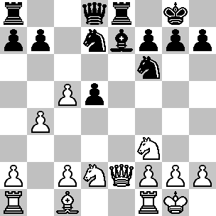 Wit: Kg1, De2, Ta1, Tf1, Lc1, Pd2, Pf3, pi a2, b4, c2, c5, f2, g2, h2; Zwart: Kg8, Dd8, Ta8, Te8, Le7, Pd7, Pf6, pi a7, b7, d5, f7, g7, h7