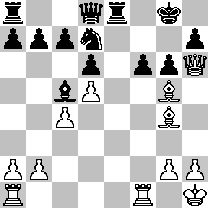 Wit: Kh1, Dh6, Ta1, Tf1, Lg4, Lg5, pi a2, b2, c4, d5, g2, h2; Zwart: Kg8, Dd8, Ta8, Te8, Lc5, Pd7, pi a7, b7, c7, d6, f6, g6, h7