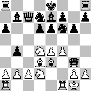 Wit: Kg1, Dg3, Ta1, Tf1, Ld3, Le3, Pd2, Pd4, pi a2, b2, c2, e4, f4, g2, h2; Zwart: Ke8, Dc7, Ta8, Th8, Lb7, Le7, Pd7, Pf6, pi a6, b4, d6, e6, f7, g6, h7
