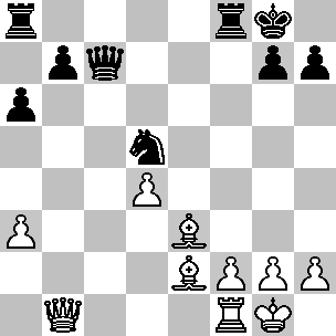 Wit: Kg1, Db1, Tf1, Le2, Le3, pi a3, d4, f2, g2, h2; Zwart: Kg8, Dc7, Ta8, Tf8, Pd5, pi a6, b7, g7, h7