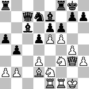 Wit: Kg1, Dg3, Te1, Tf1, Ld2, Pe2, Pf3, pi a2, b2, d3, e5, f5, g4, h3; Zwart: Kg8, Dc7, Ta8, Tf8, Lc6, Le7, Pd7, pi a5, b4, d5, e6, f6, g7, h7
