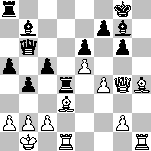 Wit: Kb1, Dg4, Td1, Th1, Ld3, Lh4, pi a2, b2, c2, e5, f4, g2; Zwart: Kg8, Db6, Ta8, Td4, Lb7, Lg7, pi a5, b4, c5, e6, f7, g6