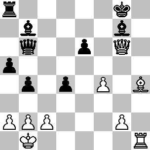 Wit: Kb1, Dg6, Th1, Lh4, pi a2, b2, c2, f4, g2; Zwart: Kg8, Db6, Ta8, Lb7, Lg7, pi a5, b4, d4, e6