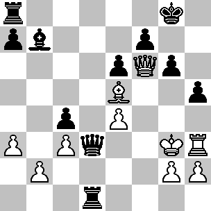 Wit: Kh4, Df6, Th3, Le5, pi a3, b2, c3, e4, g2, h2; Zwart: Kg8, Dd3, Ta8, Td1, Lb7, pi a7, c4, e6, f7, g6, h5
