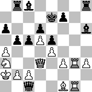 Wit: Ka2, Dd3, Tg1, Tg3, Lf1, Pa3, pi a4, b2, c2, d5, e4, f3, h3; Zwart: Ke7, Dc1, Tb8, Th8, Lc8, Lh6, pi a6, b5, c5, d6, e5, f7