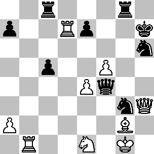 Wit: Kg1, Dh3, Tb1, Td7, Lg2, Pe1, pi a2, e4, f5; Zwart: Kh7, Df4, Tc8, Tg8, Pg3, Ph6, pi a7, c5, e7