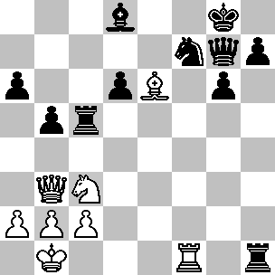 Wit: Kb1, Db3, Tf1, Le6, Pc3, pi a2, b2, c2; Zwart: Kg8, Dg7, Tc5, Th1, Ld8, Pf7, pi a6, b5, d6, g6, h7