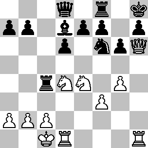 Wit: Kc1, Dh6, Td1, Th1, Pd4, Pe4, pi a2, b2, c2, f3, g4; Zwart: Kh8, Dd8, Tc4, Tf8, Ld7, Pf6, pi a7, b7, d6, e7, f7, g6, h7
