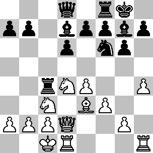 Wit: Kc1, Dd2, Td1, Th1, Le3, Pc3, Pd4, pi a2, b2, c2, e4, f3, g2, h4; Zwart: Kg8, Dd8, Tc4, Tf8, Ld7, Lg7, Pf6, pi a7, b7, d6, e7, f7, g6, h7