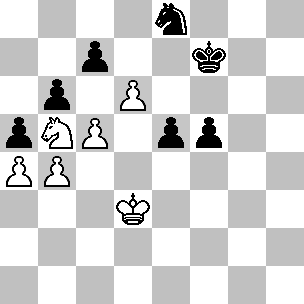 Wit: Kd3, Pb5, pi a4, b4, c5, d6 Zwart: Kf7, Pe8, pi a5, b6, c7, e5, f5