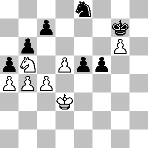 Wit: Kd3, Pb5, pi a4, b4, c4, d5, g6; Zwart: Kg7, Pe8, pi a5, b6, c7, e5, f5