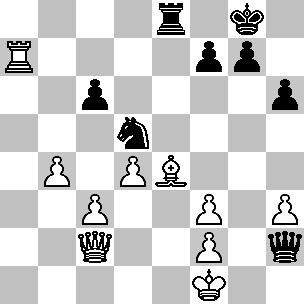 Wit: Kf1, Dc2, Ta7, Le4, pi b4, c3, d4, f2, f3, h3; Zwart: Kg8, Dh2, Te8, Pd5, pi c6, f7, g7, h6