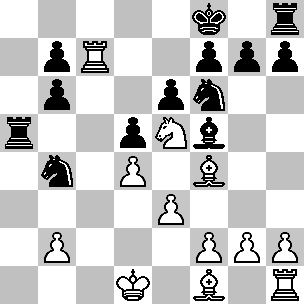 Wit: Kd1, Tc7, Th1, Lf1, Lf4, Pe5, pi b2, d4, e3, f2, g2, h2; Zwart: Kf8, Ta5, Th8, Lf5, Pb4, Pf6, pi b6, b7, d5, e6, f7, g7, h7