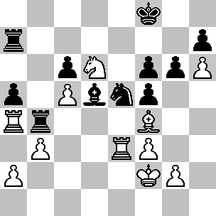Wit: Kf2, Ta4, Te3, Lf4, Pd6, pi a2, b3, c5, f3, g2, h6; Zwart: Kf8, Ta7, Tb4, Ld5, Pe5, pi a5, c6, f5, f6, g6, h7