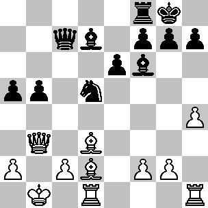 Wit: Kb1, Db3, Td1, Th1, Ld2, Ld3, pi a2, c2, f2, g2, h4; Zwart: Kg8, Dc7, Tf8, Ld7, Lf6, Pd5, pi a5, b5, e6, f7, g7, h7