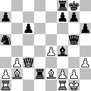 Wit: Kg1, Dc3, Ta1, Tf1, Lb2, Le2, pi a2, b3, e4, f2, g2, h3; Zwart: Kg8, Dg5, Td2, Tf8, Lf4, Pa5, pi a7, c6, f7, g7, h6
