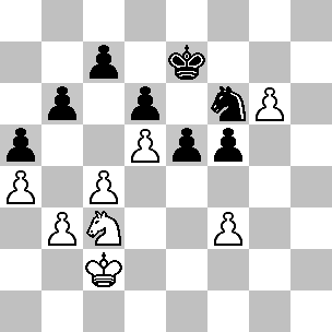 Wit: Kc2, Pc3, pi a4, b3, c4, d5, f3, g6; Zwart: Ke7, Pf6, pi a5, b6, c7, d6, e5, f5