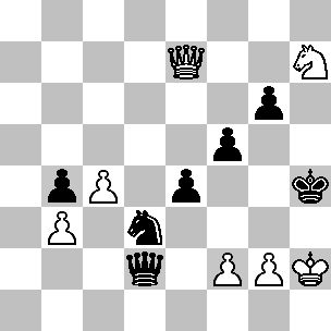 Wit: Kh2, De7, Ph7, pi b3, c4, f2, g2; Zwart: Kh4, Dd2, Pd3, pi b4, e4, f5, g6