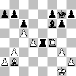 Wit: Kg1, Tf4, Lb2, pi a2, b3, c5, d4, g3, h2; Zwart: Kg7, Te4, Lf6, pi a7, b7, c6, f7, g6, h7
