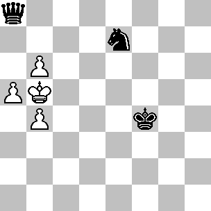 Wit: Kb5, pi a5, b4, b6; Zwart: Kf4, Da8, Pe7