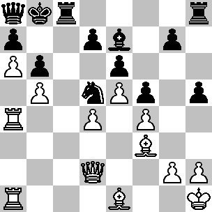 Wit: Kh1, Dd2, Ta1, Ta4, Le1, Lf3, pi a6, b5, d4, e5, f4, g2, h2; Zwart: kb8, Da8, Tc8, Th8, Le7, Pd5, pi a7, b6, d7, e6, f5, g7, h5